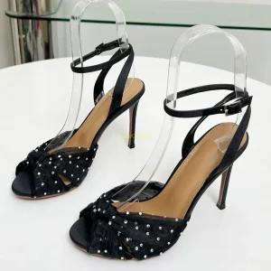 Crystal Rivet Peep Toe Sandals Sexy Rouned Toe Thin Heel Slingback Buckle Strap New Arrivals Fashion Women Modern Shoes